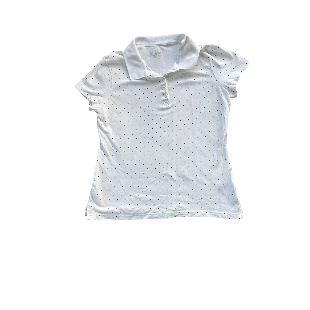 Basic Editions White Polka Dot 90s Polo Shirt Women's Short Sleeve  Size Large